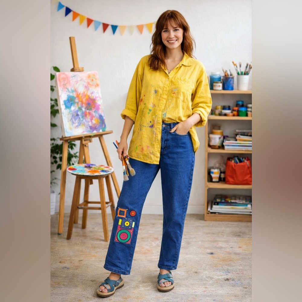 Tamorah Marie Artsy Denim Pants Size 12 Retro Geometric Patch